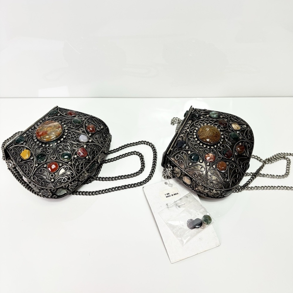 Silver Metal Purse Set 1lb 7oz Sajai Bag - Agate Stones Cocktail 1 NWT + 1 NWOT - Picture 5 of 12